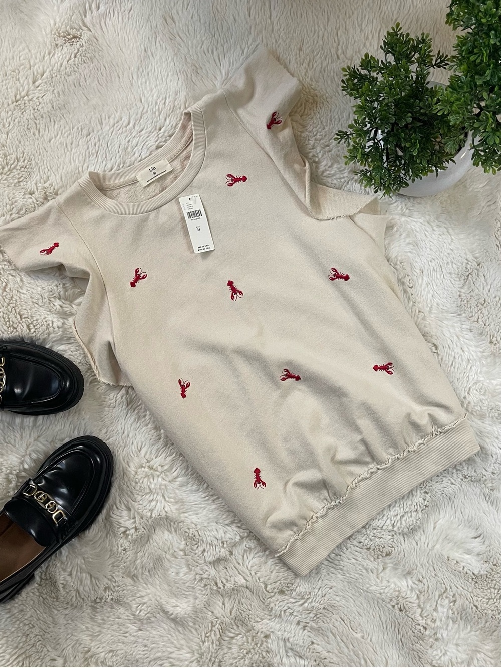 Anthropologie t.la Lobster Embroidered Sleeveless Ruffle Sweatshirt Cream NWT M